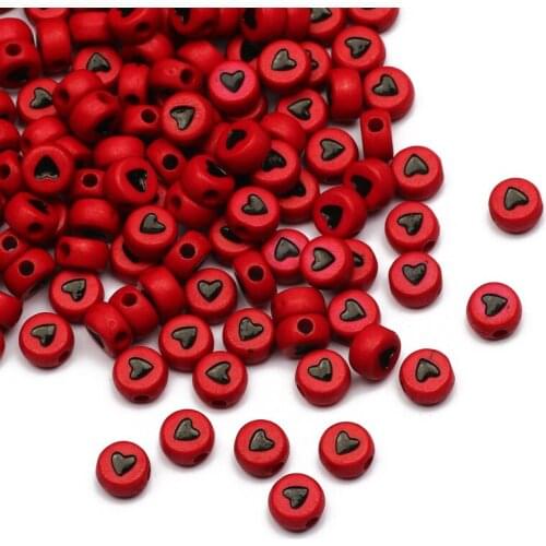 Red Acrylic Beads Black Love Heart Flat Round 4X7MM Loose Spacer Beads For Jewelry Making DIY Handmade Kids Bracelet Accessories