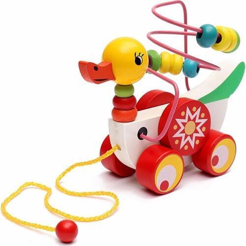 Colorful Wooden Pull Walk Along Duck Toy Bead Development Intelligence Kid Gift