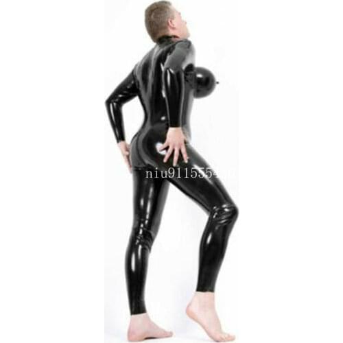 Handmade Unisex Latex Catsuit with Hood&Gloves Tight Transvestite Bodysuit with Inflatable Chest for Men