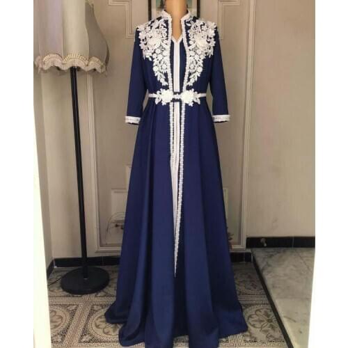 Muslim Evening Dress Moroccan Kaftan Navy Robe De Soiree Dubai Lace Applique Formal Dress Long Sleeve Women Evening Gown