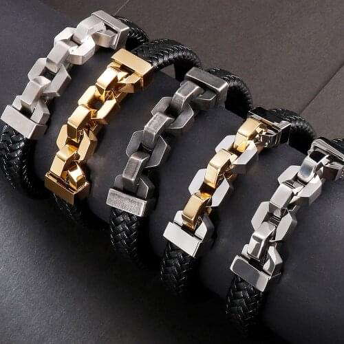 Friendship Bracelets Stainless Steel Mens Braided Genuine Leather Wristband Boys Cuff Bracelet Jewellery Gifts For Boyfriend