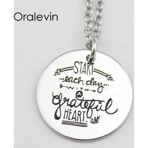START EACH DAY WITH A GRATEFUL HEART Inspirational Hand Stamped Custom Necklace Gift Jewelry,#LN596