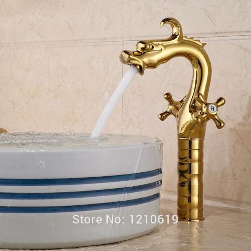 Newly Luxury Dragon Style Sink Faucet Dual Handles Golden Tall Basin Faucet Vessel Mixer Tap