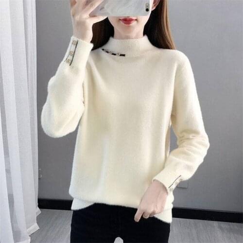 Autumn Winter Thick Half High Collar Mink Fleece Knitted Sweater Women Jumper Ladies Long Sleeve Short Knit Pullover Tops Female