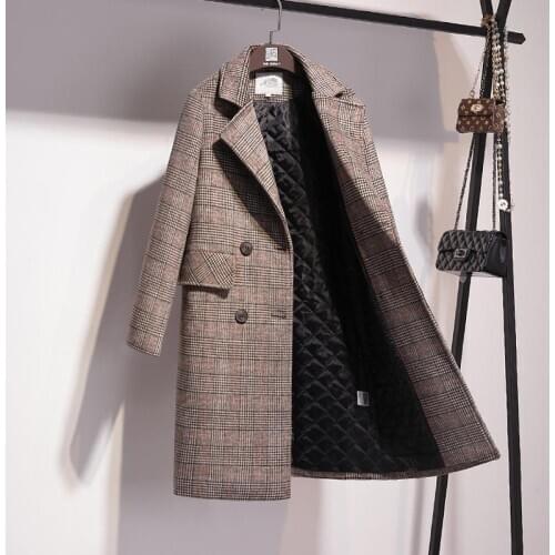 Autumn Winter Women Outerwear Mid-long Jackets Woolen and Blend Coats Plaid Cotton Padded Outerwear Koran Style Female Jackets