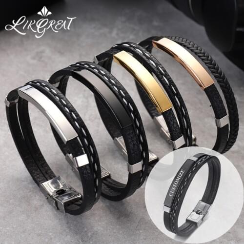 LIKGREAT Customize Breaclet for Women Men Stainless steel Leather Braided Rope Wrist Band Fashion Couple Jeweley Cuff Bracelets