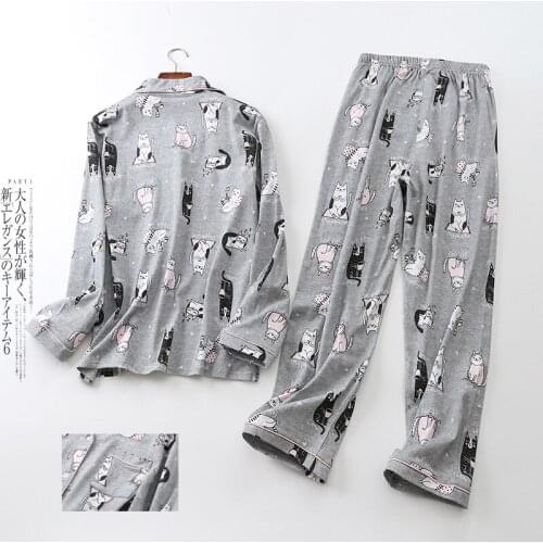 2021 New Pajamas Women Kawaii Cartoon Pajamas 100% Knitted Cotton Female Cute Night Suit Long Sleeve Sleepwear Big Yard