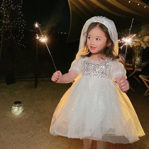 Girls Dress Teen Princess Costume Elegant Kids Wedding Dress White Hollow Party Evening Dresses Children Baptism Shiny Clothing
