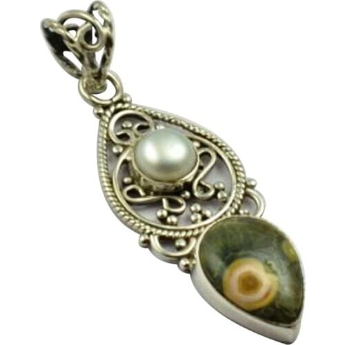 Lovegem Nature Rhoyolite Jasper & Pearl Pendant 925 Sterling Silver , 44.3 mm, MHBAP4575