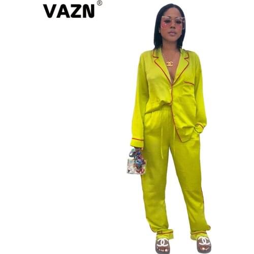 VAZN Popular 2020 spring sexy lady 5 colors solid 2-piece long set button fly full sleeve coats long pants set satin face sets
