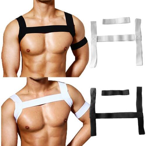 2PCS/Sets Fetish Men Chest Harness Elastic Shoulder Arm Harness Strap Belt Harnas Mannen Stage Costume Clubwear Gay Body Bondage