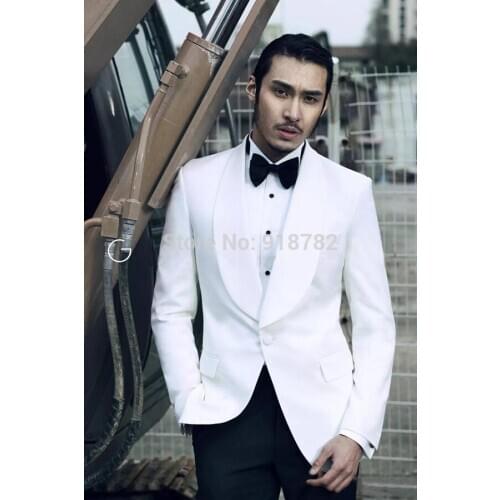 Latest Coat Pant Designs 2018 Elegant White Blazer Black Pant Wedding Prom Dress Groom Suit Men White Suit Tuxedo