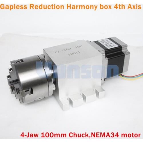 Reduction Ratio 100:1 Gapless Harmonic Gearbox CNC 4th Axis 4-Jaw 100mm Chuck Rotary Axis with NEMA34 motor for CNC 3040 Router
