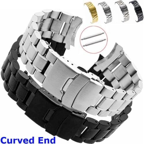 18mm 20mm 22mm 24mm Watch Band Curved End Silver Black Solid Stainless Steel Strap Double Lock Buckle Wristbands with Pins