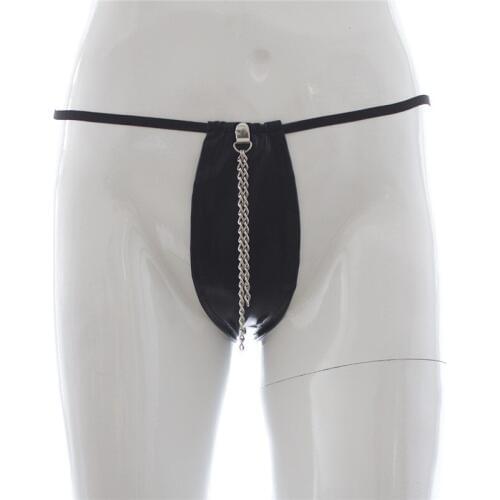 BDSM Women Sexy Micro Panties Patent Leather G String Thong with Chain Porno Lingerie Crotchless Panties for Adult Sex Games