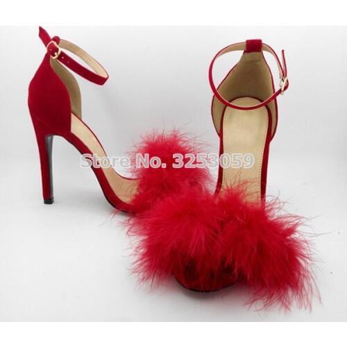 Exquisite Red Black Suede Fur Sandals Sweet Girls Stiletto Heels Fluffy Wedding Pumps Buckle Strap Shoes Dropship Pom Pom Shoes