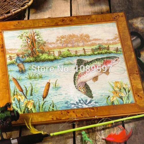 Fishxx Cross Stitch,Col116-2 portrait [fishing] study decoration field,soluble printing,accurate pattern,11CT,Need to embroidery