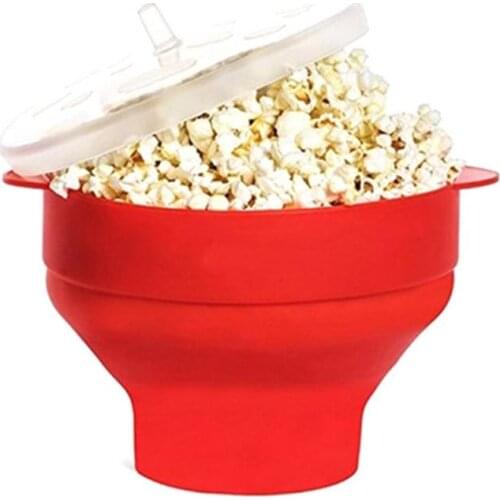 High Quality Red Color Silicone Popcorn Collapsible Container High Quality Kitchen Gadgets DIY Popcorn Bucket Bowl Maker Lid