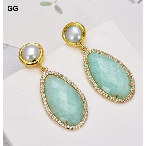 GuaiGuai Jewelry Natural Stone Gold Plated Pearl Stud Natural Green Oval Amazonite CZ Paved Dangle Lever Back Earrings