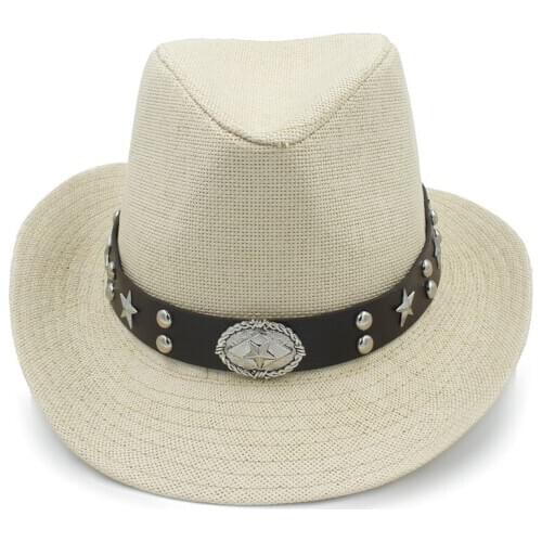 Women Men Straw Western Cowboy Hat For Summer Cowboy Cowgirl Sun Hat Sombrero Billycock Caps Punk Belt Good Package Size 58CM