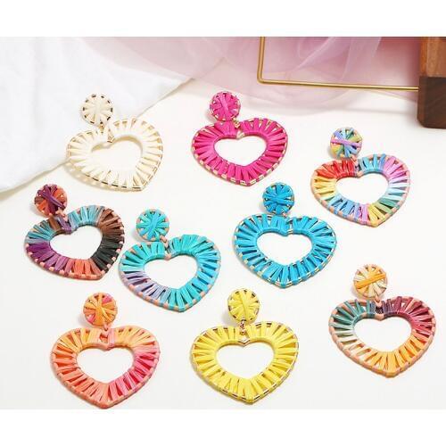 USTAR 2019 New Boho Handmade Raffia Drop Earrings for Women Ethnic BA Colorful Heart Fringed Statement Dangle Earring 9 Colors