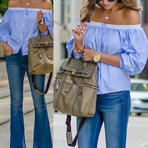 Womens Off-shoulder Striped Tops Ladies Casual Party Cocktail Blouse Shirt Tops