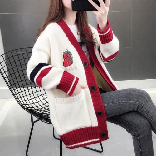 Cardigan Women Knitted Cardigans Sweater Fashion Autumn Long Sleeve Loose Coat Casual Button Thick V Neck Solid Female Tops