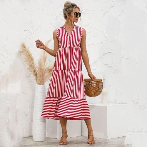 Summer Women Dresses Fashion Stripe V Neck Casual Loose Button Type Stitching Ruffled Sleeveless Dress For Ladies Party Vestido