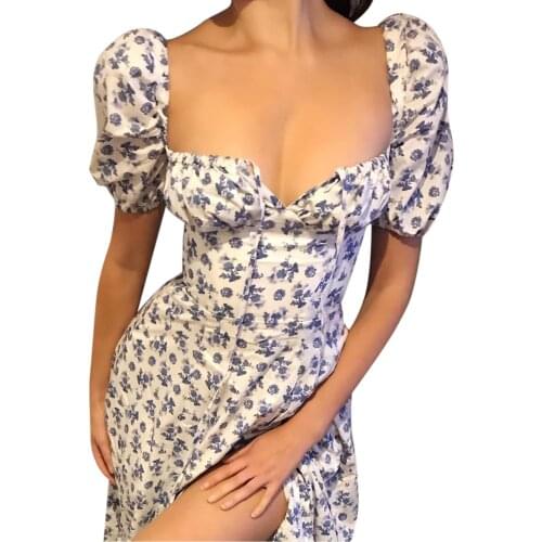 Women’s Casual Puff Sleeve Dress Summer Fashion Floral Lace-up Square Collar Split Long Dress