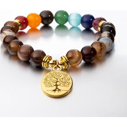 7 Chakras Reiki Healing Balance Beaded Bracelets Golden Tree Bright Brown Natural Stones Couple Prayer Yoga Jewelry