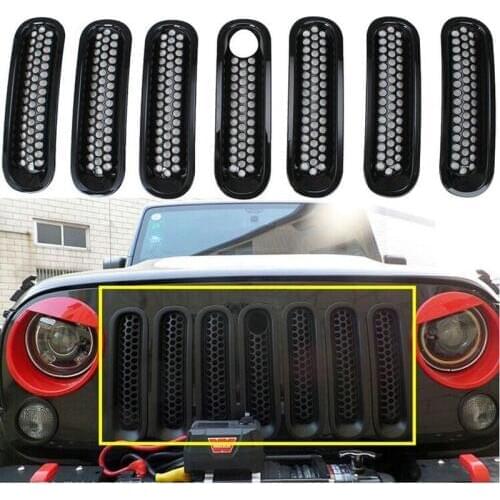 7pcs Black Front Bumper Grille with Key Hole Grill Mesh Insert Cover Trim ABS Kit for Jeep Wrangler & Unlimited 2007-2015