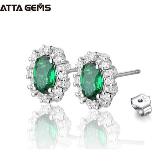 ATTAGEMS 100% 925 Sterling Silver rhodium plating Oval Cutting Emerald Moissanite Diamonds Gemstone Stud Earrings Fine Jewelry