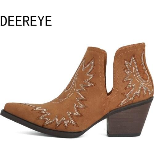 Autumn Women Casual Ankle Short Boots Vintage Cowboy Embroidery Western Combat Chunky High Heeled Chelsea Booties Botas Mujer