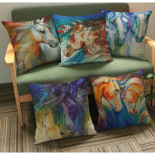 Water-color Painting Style Horse Breeds Pattern Print Throw Pillow Case Home Sofa Chair Car Decoration Cushion Cover 45x45cm