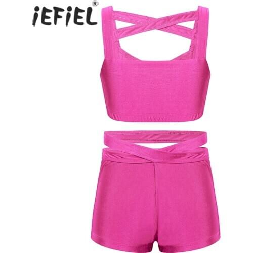 Kids Girls Strappy Cross Ballet Leotard Sports Crop Top Shorts Activewear Set for Ballet Dance Stage Performance Workout Clothes