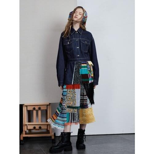 IRINACH461 Fall Winter 2021 Collection Original Design Pleated Chiffon Patchwork Vintage Denim Long Shirt Dress Women