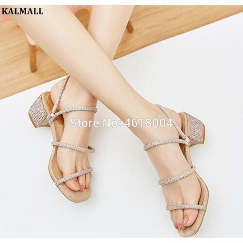 KALMALL Summer Princess Crystal Sandals Gladiator Diamonds Thick Heels Bling Strap/ Slip Pumps Party Dress Sandals Women