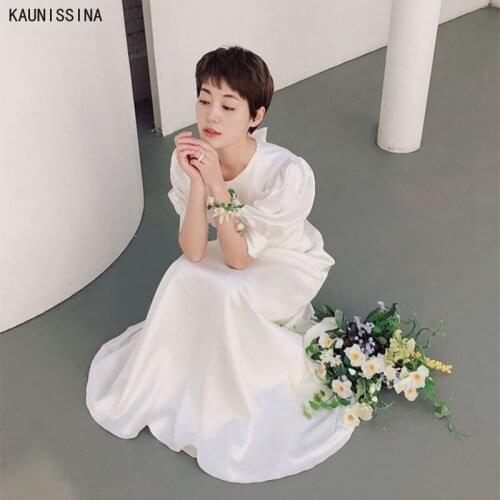 KAUNISSINA Simple Bohemian Satin Wedding Dresses O-Neck Puff Sleeves Long Bride Dress Elegant Wedding Gowns Vestidos Novias