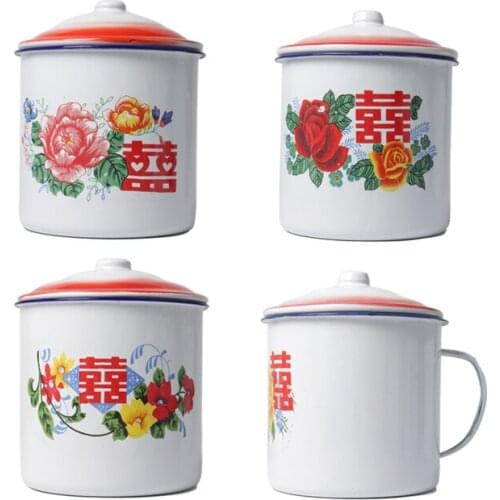 Chinese Traditional Vintage Style Enamel Cup With Lid And Handgrip High Capacity Restaurant Kitchen Drink Cup Wedding gift