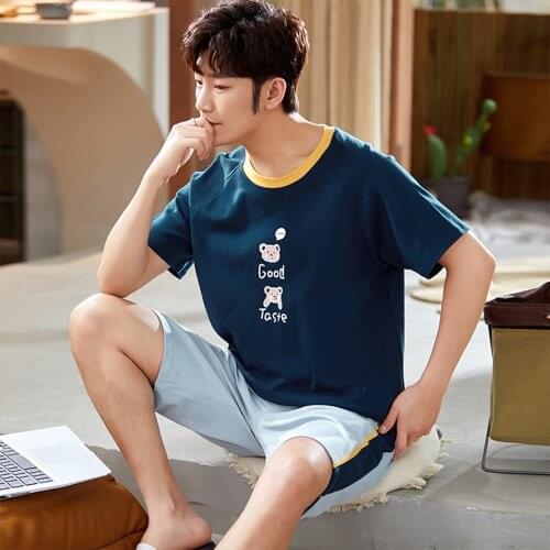 Summer Sleepwear Cotton Pajama Sets Fashion Letter Print Casual Short Sleeve Top Pijama Striped Shorts Plus Size Pajamas For Men