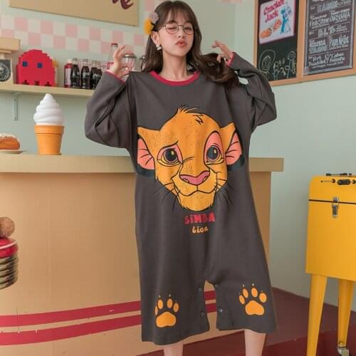 Disney Anime The Lion King Simba Kawaii Cute Onesies for Adults Autumn Winter Loose 100% Cotton Long Onsies Pajamas for Woman