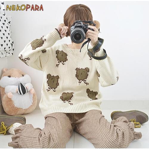 Kuma San Mr. Bear Cute Girls Womens Knitted Sweater Beige Pullovers Long Sleeve O-neck Autumn,Winter Sweaters