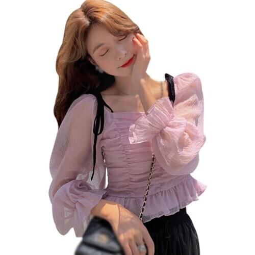 Fashion Women Blouse Korean Floral Print Slash Neck Sweet Shirt Autumn Mesh Stitching Long Sleeve Casual Tops