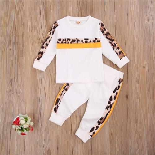 Fashion Autumn Infant Baby Girls Clothes Sets Leopard Print Patchwork Long Sleeve Pullover Sweatshirt Tops Pants 2pcs