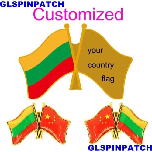 Lithuania Crossed Friendship Flag Double Country lapel pin Brooch USA UK France Chile Russia Saudi Arabia Japan Spain Badge