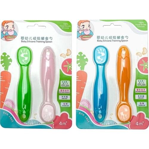 2PCS Lovely Baby Learning Spoons Set Infant Toddler Anti-slip Feeding Training Utensils Tableware Silicone Teether 97BC