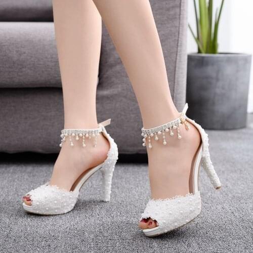 New Women Lace Beaded Wedding Shoes Fish Mouth High Heel Sandals For Bride Party Dress Shoes Bridesmaid Platform Stiletto Heels
