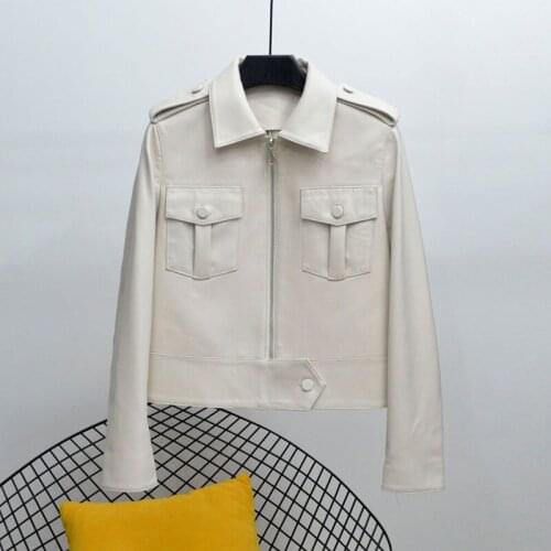 2021 Arrival New Women Clothes Spring Short Length Genuine Leather Jacket Import Sheepskin Coat Pocket Decoration Female