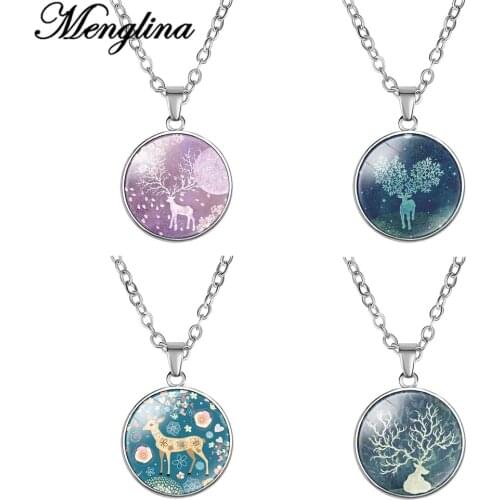 Fashion Lovely Merry Christmas Elk Cute Deer Pendant Necklace Glass Cabochon Charm Necklace for Little Girls Gifts Women Choker