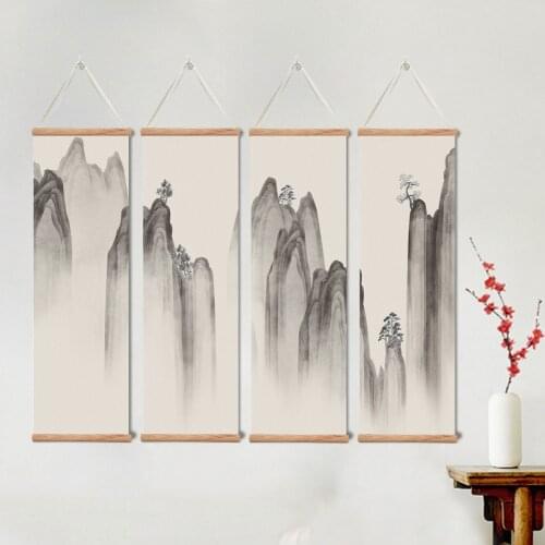 Chinese Style Landscape Canvas Scroll Paintings Posters Prints Wall Art Pictures for Livingroom Bedroom Home Decor with Frame